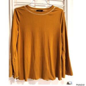 Women's Mustard Golden Ribbed Top Long Sleeve Bell Sleeve Large